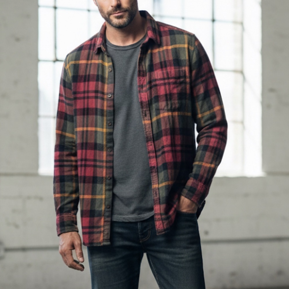 Plaid Flannel Shirt Large Mens Cabin Rustic Button Down Cabincore Layering